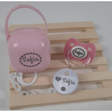 Pack chupete, cajita y cadena a láser